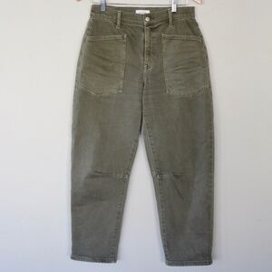 Evereve Olive Green Barrel Leg Jeans Size 27 | High Rise Utility Style